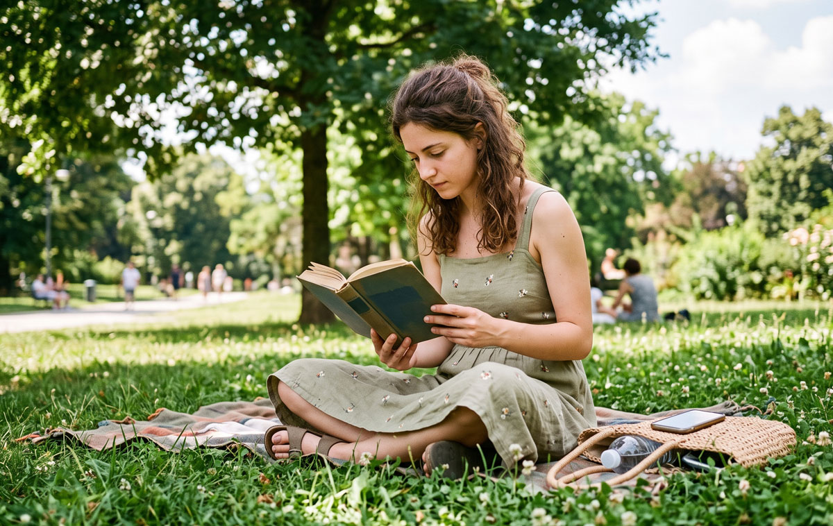 Ragazza che legge un libro al parco