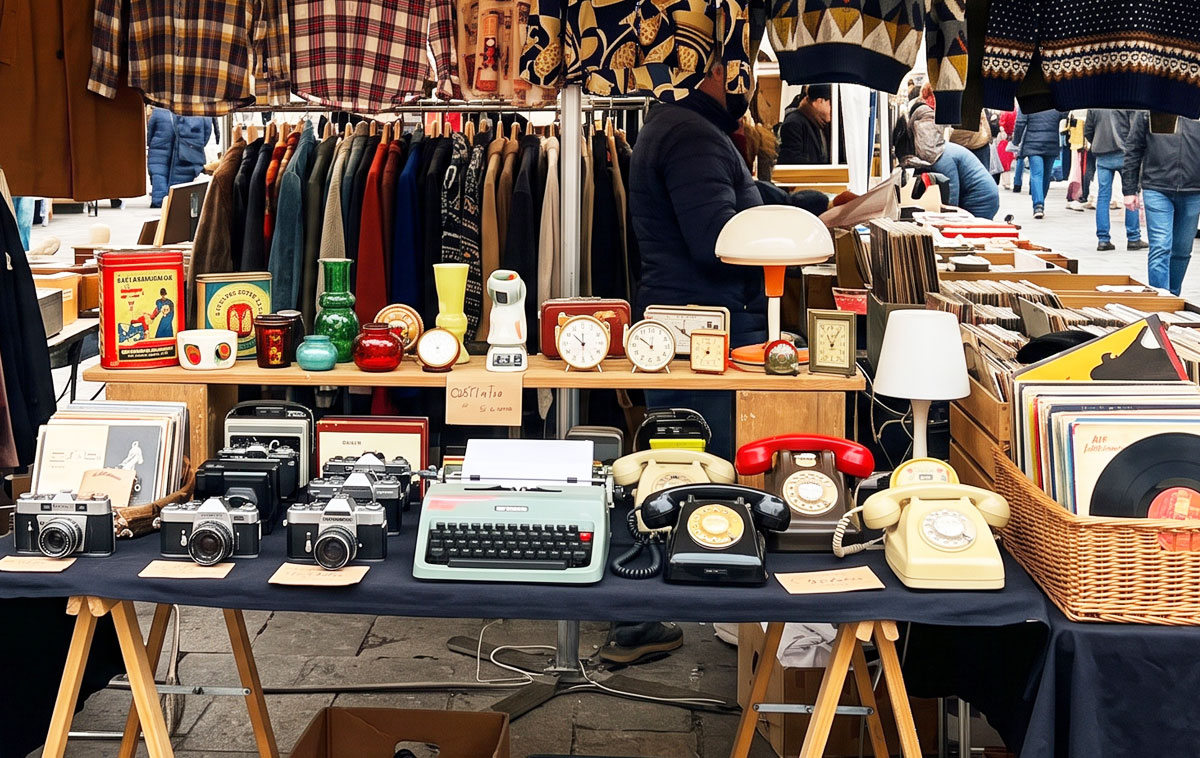 Bancarella di un mercatino con abiti vintage, modernariato e dischi