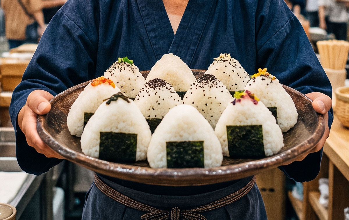 Un cuoco giapponese con in mano un piatto di onigiri