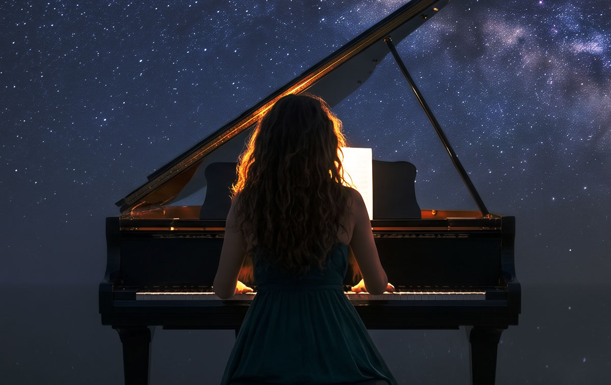 Ragazza che suona il pianoforte davanti a un cielo stellato